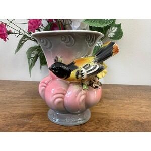 Vintage Japanese Bird Planter Vase Mid Century Pink Grey Ceramic Floral Decor